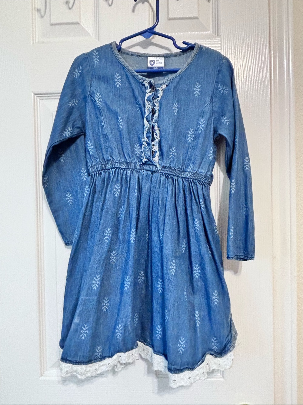 Girls Blue Denim-Look Lace Trim Dress